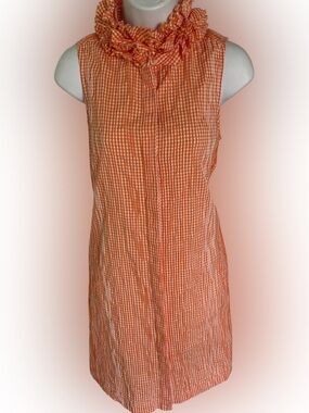 Sara Campbell Orange Gingham Ruffled Neck Dress - M orange white.  Cotton blend
